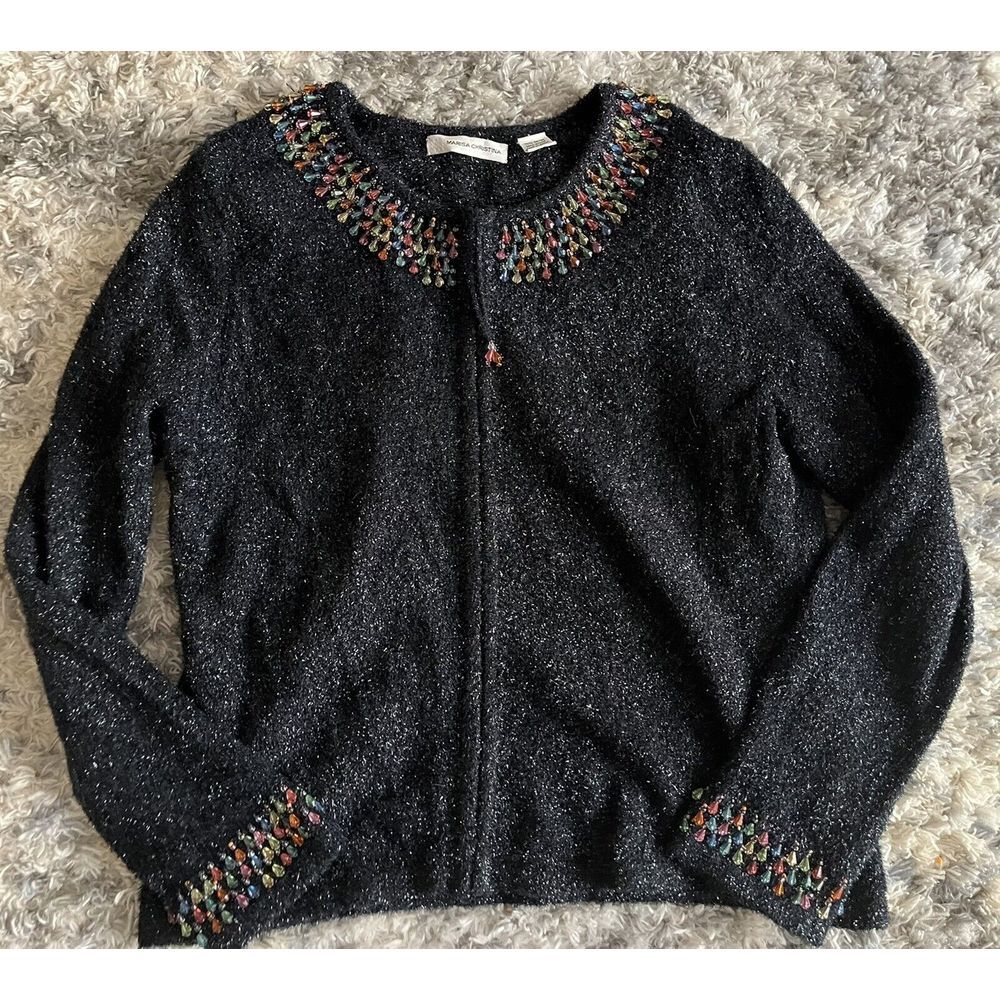 Marisa Christina Vintage Sweater Zip Front Black Metallic Bead Trim Buttons Sz L